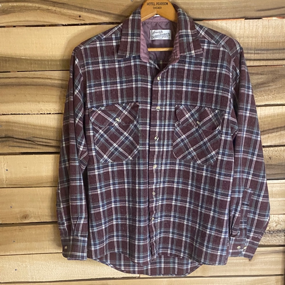 Vintage Sears Roebuck Classic Men's Burgundy Plaid Flannel Shirt Medium